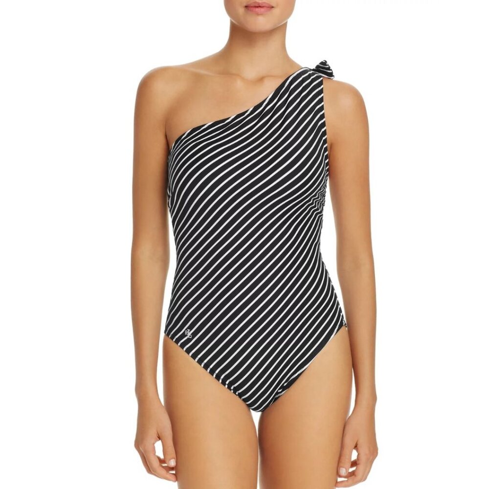 Laren Ralph Lauren One Piece Swimsuit Black White Striped Size 12